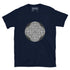 A navy blue Xigfireon graphic t-shirt featuring the Black & White Circle iteration of the Reach Of The Spirit Celtic knot design. The Reach Of The Spirit Celtic knot represents Mother Earth.