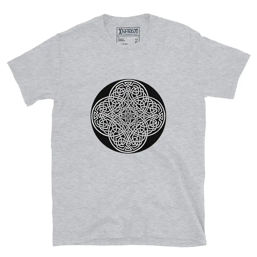 A sport grey Xigfireon graphic t-shirt featuring the Black & White Circle iteration of the Reach Of The Spirit Celtic knot design. The Reach Of The Spirit Celtic knot represents Mother Earth.