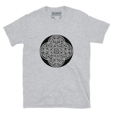 A sport grey Xigfireon graphic t-shirt featuring the Black & White Circle iteration of the Reach Of The Spirit Celtic knot design. The Reach Of The Spirit Celtic knot represents Mother Earth.