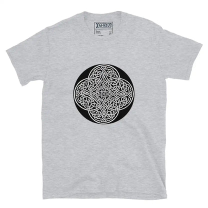 A sport grey Xigfireon graphic t-shirt featuring the Black &amp; White Circle iteration of the Reach Of The Spirit Celtic knot design. The Reach Of The Spirit Celtic knot represents Mother Earth.