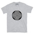 A sport grey Xigfireon graphic t-shirt featuring the Black & White Circle iteration of the Reach Of The Spirit Celtic knot design. The Reach Of The Spirit Celtic knot represents Mother Earth.