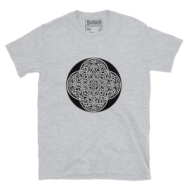 A sport grey Xigfireon graphic t-shirt featuring the Black & White Circle iteration of the Reach Of The Spirit Celtic knot design. The Reach Of The Spirit Celtic knot represents Mother Earth.