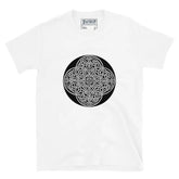 A white Xigfireon graphic t-shirt featuring the Black & White Circle iteration of the Reach Of The Spirit Celtic knot design. The Reach Of The Spirit Celtic knot represents Mother Earth.