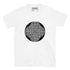A white Xigfireon graphic t-shirt featuring the Black & White Circle iteration of the Reach Of The Spirit Celtic knot design. The Reach Of The Spirit Celtic knot represents Mother Earth.
