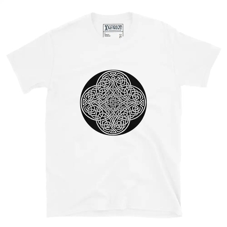 A white Xigfireon graphic t-shirt featuring the Black & White Circle iteration of the Reach Of The Spirit Celtic knot design. The Reach Of The Spirit Celtic knot represents Mother Earth.
