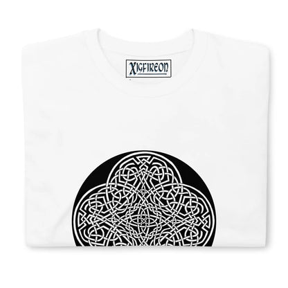 A folded white Xigfireon graphic t-shirt featuring the Black &amp; White Circle iteration of the Reach Of The Spirit Celtic knot design. The Reach Of The Spirit Celtic knot represents Mother Earth.