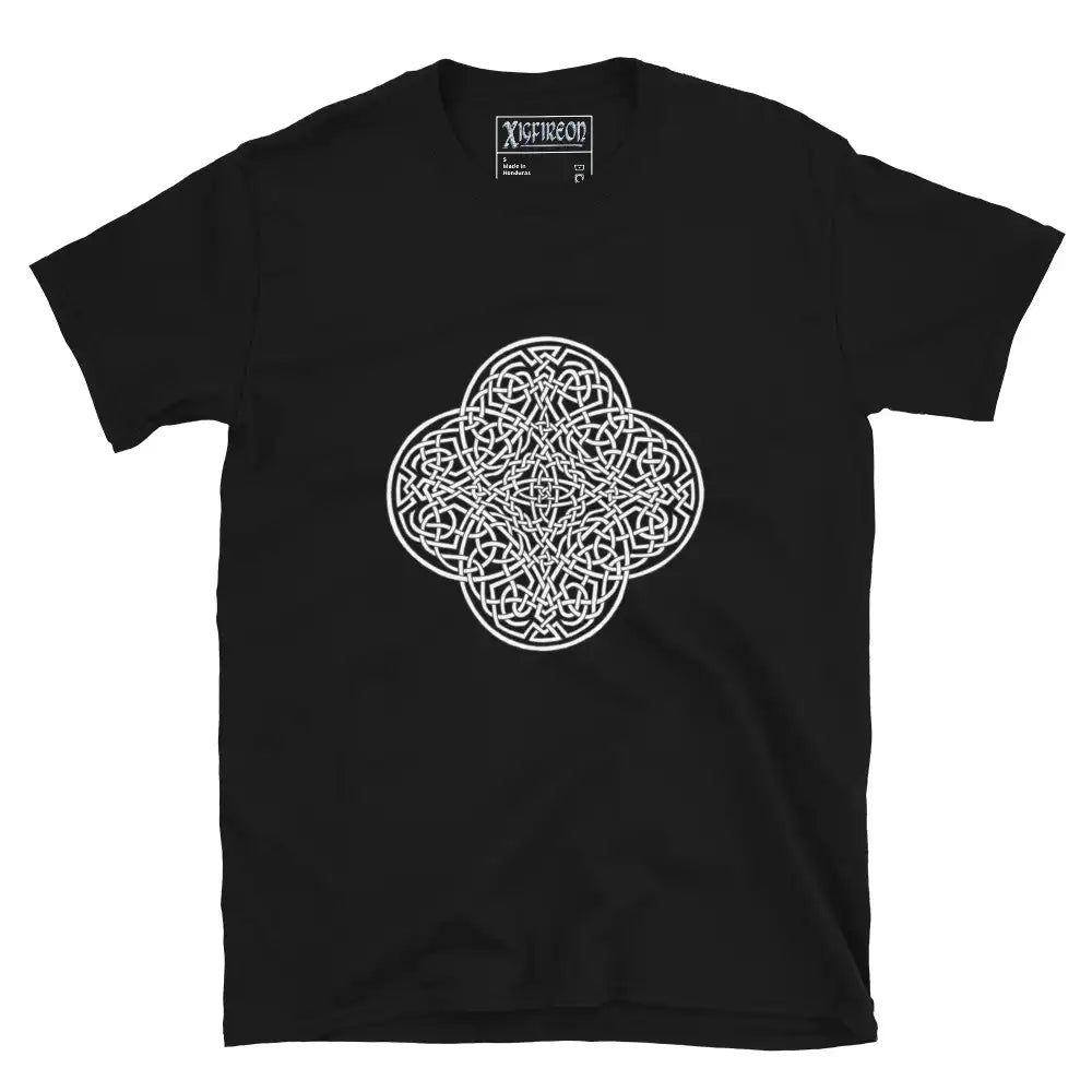 A black Xigfireon graphic t-shirt featuring the Black & White Hollow iteration of the Reach Of The Spirit Celtic knot design. The Reach Of The Spirit Celtic knot is an Earth symbol.