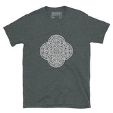A dark heather Xigfireon graphic t-shirt featuring the Black & White Hollow iteration of the Reach Of The Spirit Celtic knot design. The Reach Of The Spirit Celtic knot is an Earth symbol.