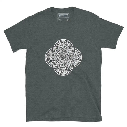 A dark heather Xigfireon graphic t-shirt featuring the Black &amp; White Hollow iteration of the Reach Of The Spirit Celtic knot design. The Reach Of The Spirit Celtic knot is an Earth symbol.