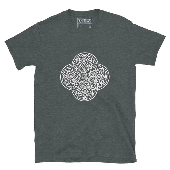 A dark heather Xigfireon graphic t-shirt featuring the Black & White Hollow iteration of the Reach Of The Spirit Celtic knot design. The Reach Of The Spirit Celtic knot is an Earth symbol.