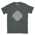 A dark heather Xigfireon graphic t-shirt featuring the Black & White Hollow iteration of the Reach Of The Spirit Celtic knot design. The Reach Of The Spirit Celtic knot is an Earth symbol.