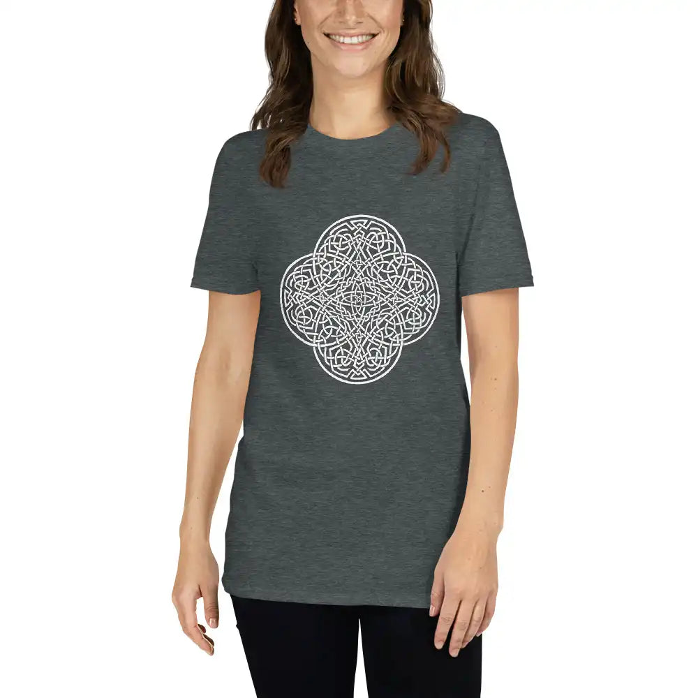 A young woman wearing a dark heather Xigfireon graphic t-shirt featuring the Black & White Hollow iteration of the Reach Of The Spirit Celtic knot design. The Reach Of The Spirit Celtic knot symbolizes Mother Earth.