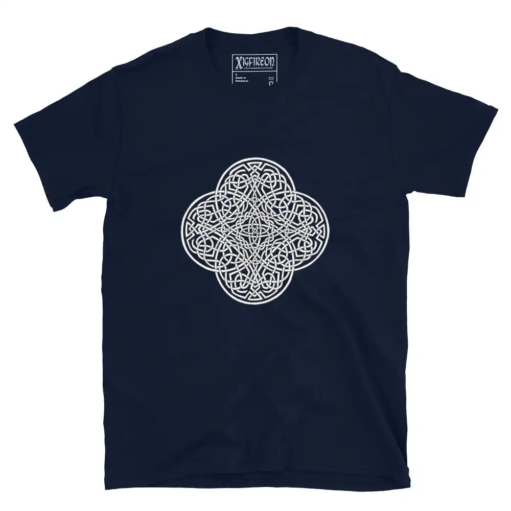 A navy blue Xigfireon graphic t-shirt featuring the Black & White Hollow iteration of the Reach Of The Spirit Celtic knot design. The Reach Of The Spirit Celtic knot is an Earth symbol.