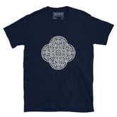 A navy blue Xigfireon graphic t-shirt featuring the Black & White Hollow iteration of the Reach Of The Spirit Celtic knot design. The Reach Of The Spirit Celtic knot is an Earth symbol.