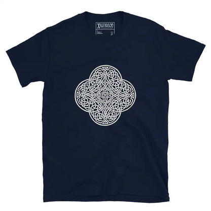 A navy blue Xigfireon graphic t-shirt featuring the Black &amp; White Hollow iteration of the Reach Of The Spirit Celtic knot design. The Reach Of The Spirit Celtic knot is an Earth symbol.