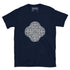A navy blue Xigfireon graphic t-shirt featuring the Black & White Hollow iteration of the Reach Of The Spirit Celtic knot design. The Reach Of The Spirit Celtic knot is an Earth symbol.