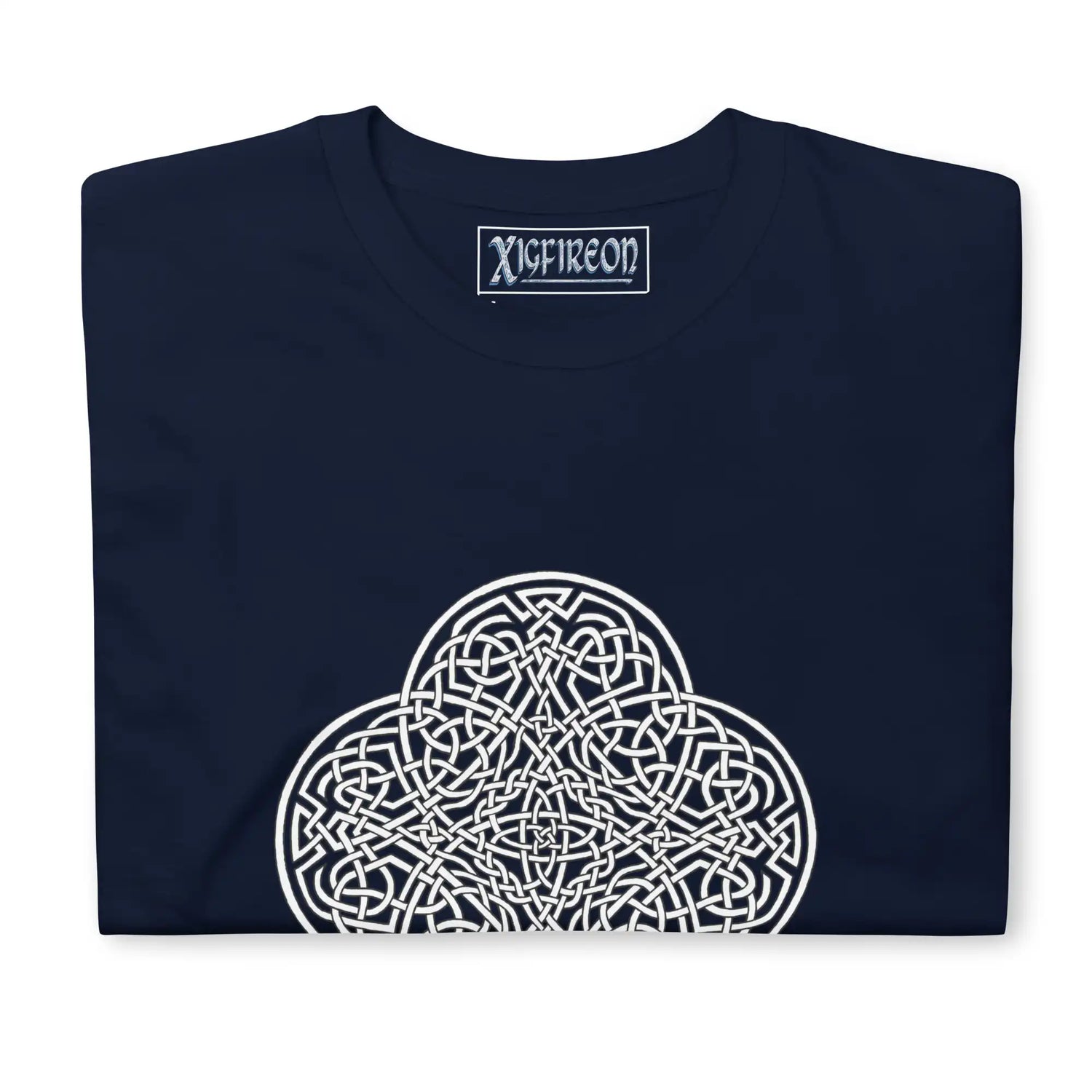 A folded navy blue Xigfireon graphic t-shirt featuring the Black & White Hollow iteration of the Reach Of The Spirit Celtic knot design. The Reach Of The Spirit Celtic knot is an Earth symbol.