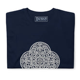 A folded navy blue Xigfireon graphic t-shirt featuring the Black & White Hollow iteration of the Reach Of The Spirit Celtic knot design. The Reach Of The Spirit Celtic knot is an Earth symbol.