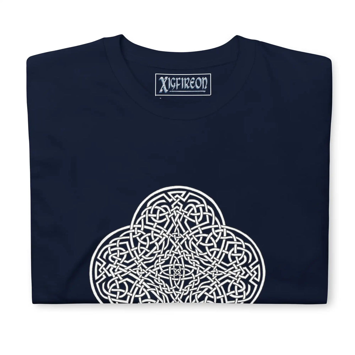 A folded navy blue Xigfireon graphic t-shirt featuring the Black &amp; White Hollow iteration of the Reach Of The Spirit Celtic knot design. The Reach Of The Spirit Celtic knot is an Earth symbol.