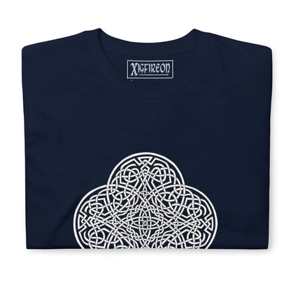 A folded navy blue Xigfireon graphic t-shirt featuring the Black &amp; White Hollow iteration of the Reach Of The Spirit Celtic knot design. The Reach Of The Spirit Celtic knot is an Earth symbol.