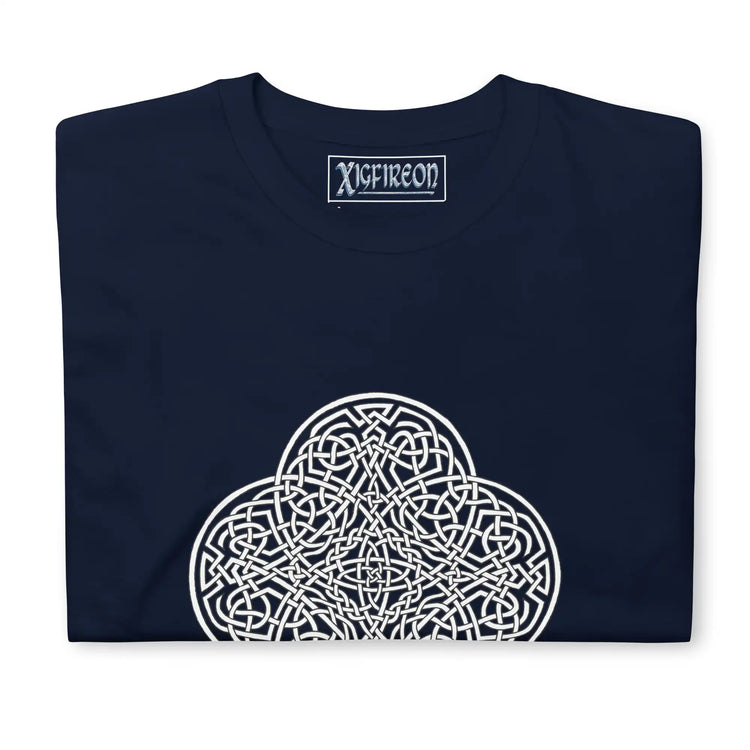 A folded navy blue Xigfireon graphic t-shirt featuring the Black & White Hollow iteration of the Reach Of The Spirit Celtic knot design. The Reach Of The Spirit Celtic knot is an Earth symbol.