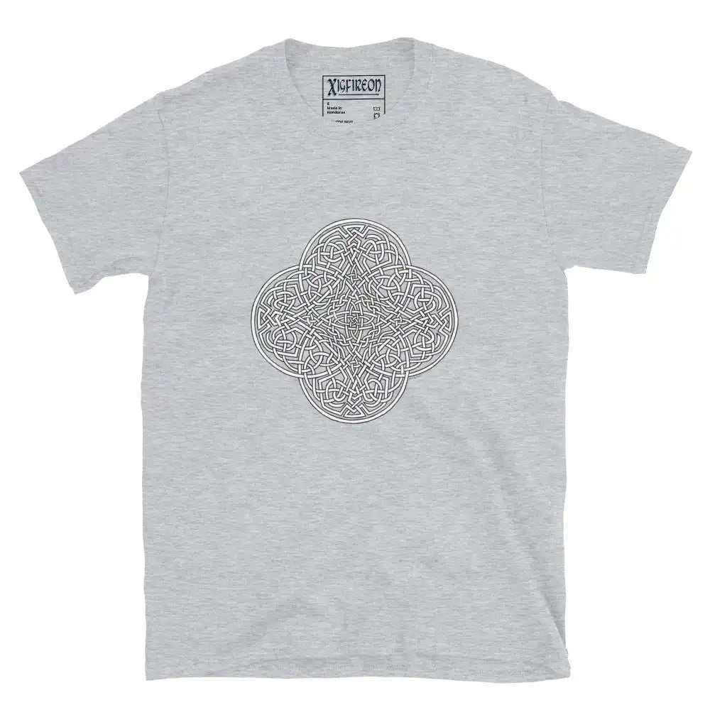 A sport grey Xigfireon graphic t-shirt featuring the Black & White Hollow iteration of the Reach Of The Spirit Celtic knot design. The Reach Of The Spirit Celtic knot is an Earth symbol.