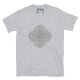 A sport grey Xigfireon graphic t-shirt featuring the Black & White Hollow iteration of the Reach Of The Spirit Celtic knot design. The Reach Of The Spirit Celtic knot is an Earth symbol.