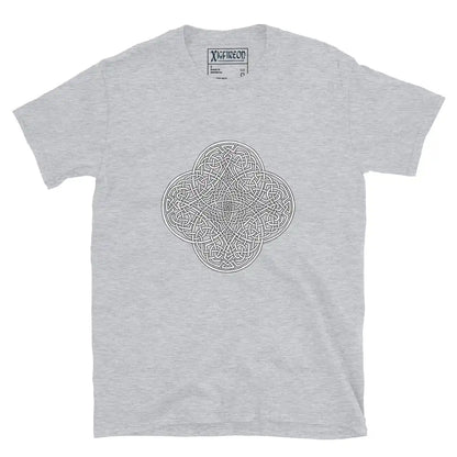 A sport grey Xigfireon graphic t-shirt featuring the Black &amp; White Hollow iteration of the Reach Of The Spirit Celtic knot design. The Reach Of The Spirit Celtic knot is an Earth symbol.