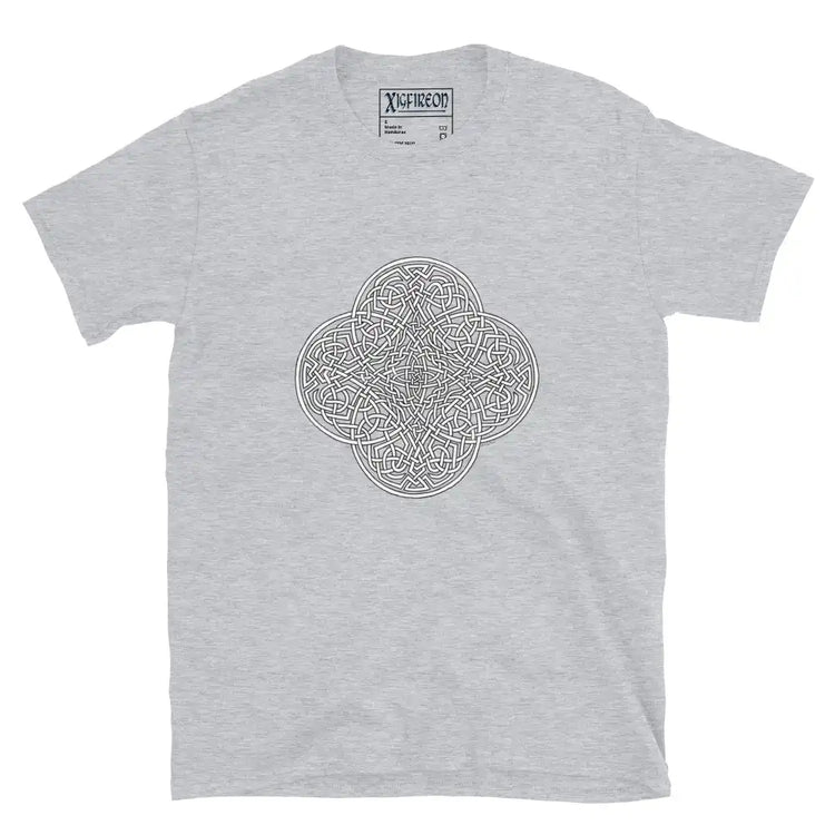 A sport grey Xigfireon graphic t-shirt featuring the Black & White Hollow iteration of the Reach Of The Spirit Celtic knot design. The Reach Of The Spirit Celtic knot is an Earth symbol.