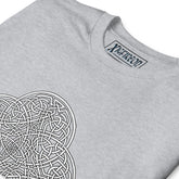 A close-up view of a sport grey Xigfireon graphic t-shirt featuring the Black & White Hollow iteration of the Reach Of The Spirit Celtic knot design. The Reach Of The Spirit Celtic knot is an Earth symbol.