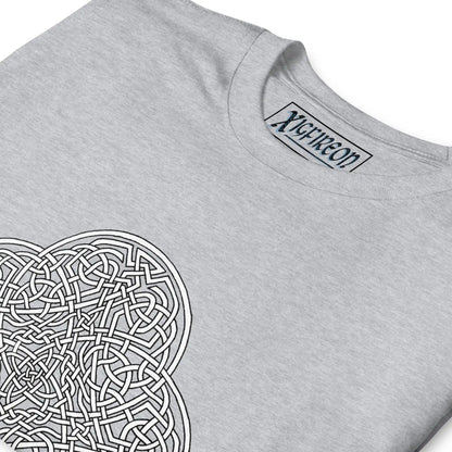 A close-up view of a sport grey Xigfireon graphic t-shirt featuring the Black &amp; White Hollow iteration of the Reach Of The Spirit Celtic knot design. The Reach Of The Spirit Celtic knot is an Earth symbol.