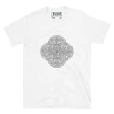 A white Xigfireon graphic t-shirt featuring the Black & White Hollow iteration of the Reach Of The Spirit Celtic knot design. The Reach Of The Spirit Celtic knot is an Earth symbol.