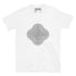 A white Xigfireon graphic t-shirt featuring the Black & White Hollow iteration of the Reach Of The Spirit Celtic knot design. The Reach Of The Spirit Celtic knot is an Earth symbol.