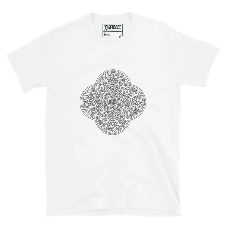 A white Xigfireon graphic t-shirt featuring the Black & White Hollow iteration of the Reach Of The Spirit Celtic knot design. The Reach Of The Spirit Celtic knot is an Earth symbol.