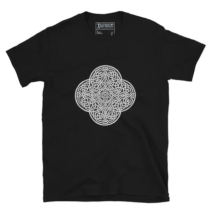 A black Xigfireon graphic t-shirt featuring the Black &amp; White Solid iteration of the Reach Of The Spirit Celtic knot design. The Reach Of The Spirit Celtic knot represents Mother Earth.