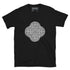 A black Xigfireon graphic t-shirt featuring the Black & White Solid iteration of the Reach Of The Spirit Celtic knot design. The Reach Of The Spirit Celtic knot represents Mother Earth.