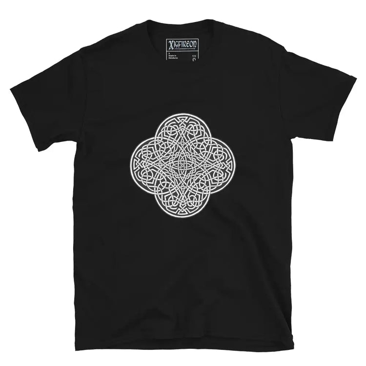 A black Xigfireon graphic t-shirt featuring the Black & White Solid iteration of the Reach Of The Spirit Celtic knot design. The Reach Of The Spirit Celtic knot represents Mother Earth.