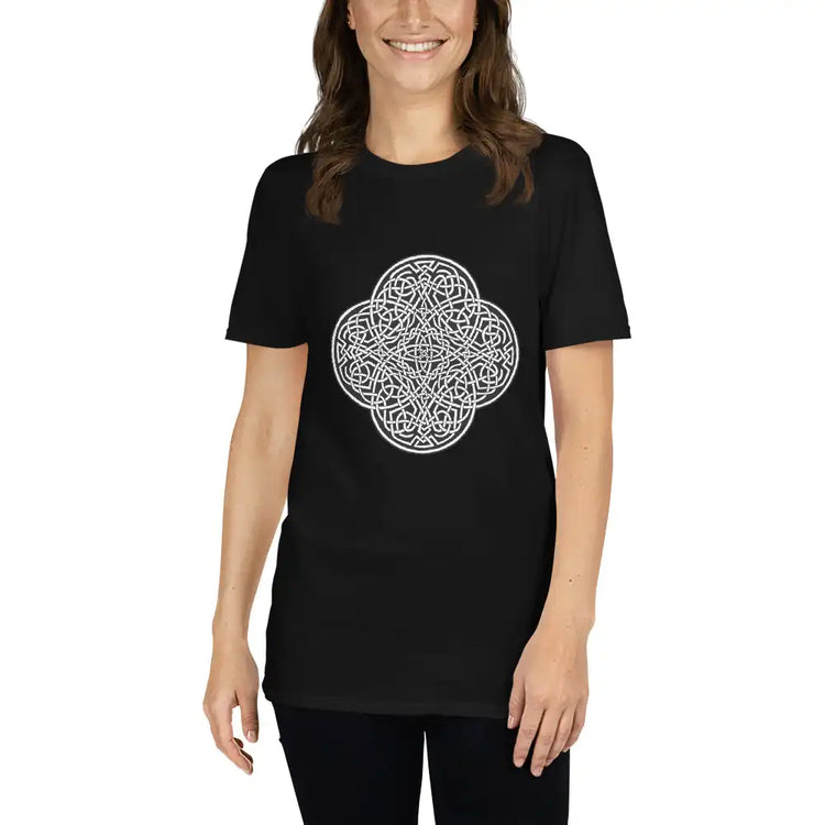 A young woman wearing a black Xigfireon graphic t-shirt featuring the Black & White Solid iteration of the Reach Of The Spirit Celtic knot design. The Reach Of The Spirit Celtic knot represents Mother Earth.