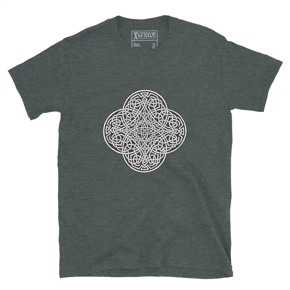 A dark heather Xigfireon graphic t-shirt featuring the Black & White Solid iteration of the Reach Of The Spirit Celtic knot design. The Reach Of The Spirit Celtic knot represents Mother Earth.
