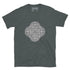 A dark heather Xigfireon graphic t-shirt featuring the Black & White Solid iteration of the Reach Of The Spirit Celtic knot design. The Reach Of The Spirit Celtic knot represents Mother Earth.
