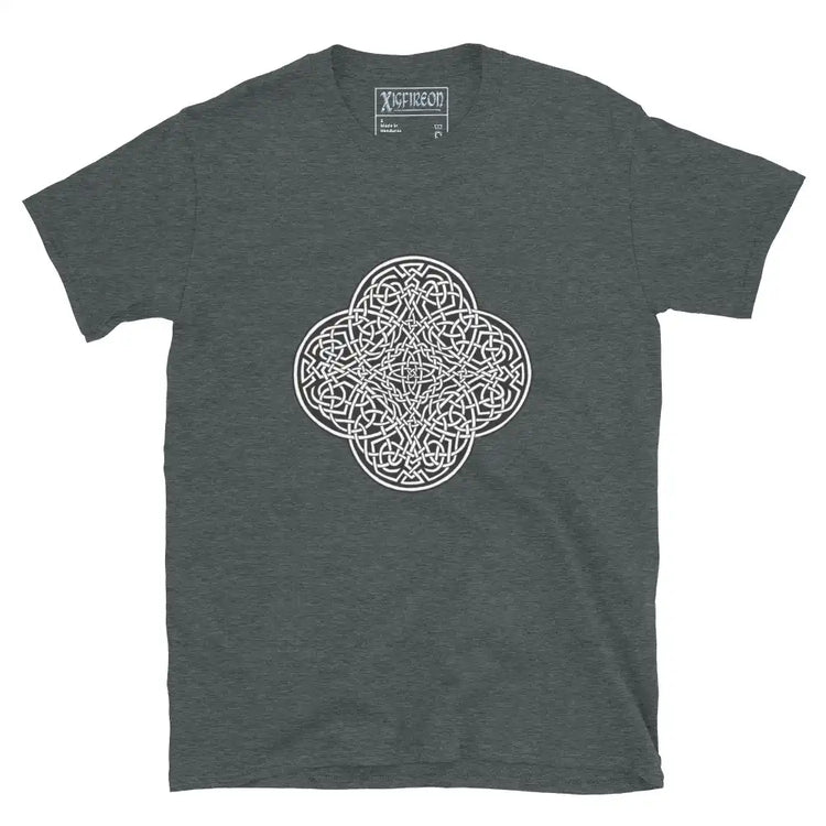 A dark heather Xigfireon graphic t-shirt featuring the Black & White Solid iteration of the Reach Of The Spirit Celtic knot design. The Reach Of The Spirit Celtic knot represents Mother Earth.