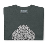 A folded dark heather Xigfireon graphic t-shirt featuring the Black & White Solid iteration of the Reach Of The Spirit Celtic knot design. The Reach Of The Spirit Celtic knot represents Mother Earth.