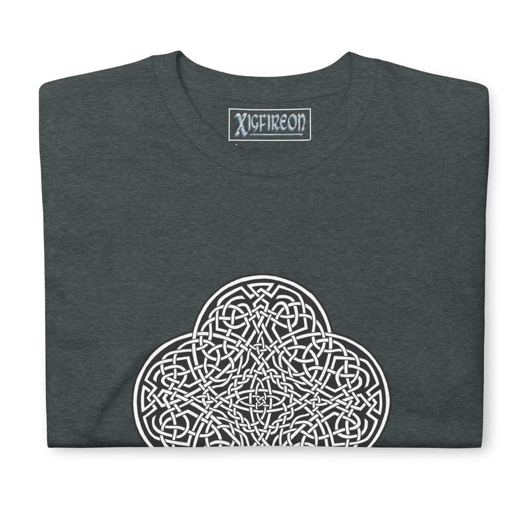 A folded dark heather Xigfireon graphic t-shirt featuring the Black & White Solid iteration of the Reach Of The Spirit Celtic knot design. The Reach Of The Spirit Celtic knot represents Mother Earth.