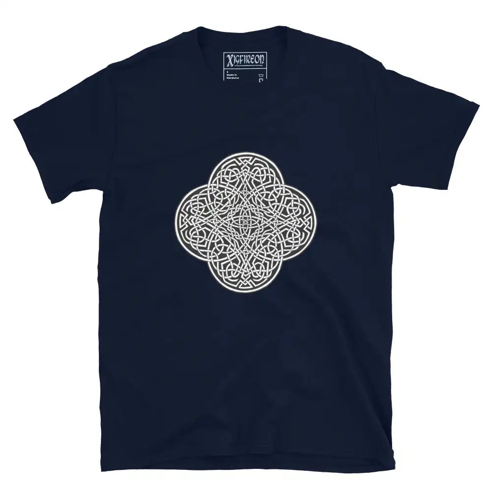 A navy blue Xigfireon graphic t-shirt featuring the Black & White Solid iteration of the Reach Of The Spirit Celtic knot design. The Reach Of The Spirit Celtic knot represents Mother Earth.