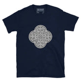 A navy blue Xigfireon graphic t-shirt featuring the Black & White Solid iteration of the Reach Of The Spirit Celtic knot design. The Reach Of The Spirit Celtic knot represents Mother Earth.