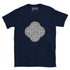 A navy blue Xigfireon graphic t-shirt featuring the Black & White Solid iteration of the Reach Of The Spirit Celtic knot design. The Reach Of The Spirit Celtic knot represents Mother Earth.