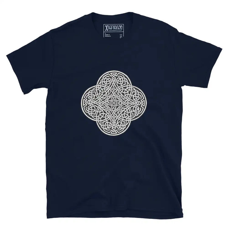 A navy blue Xigfireon graphic t-shirt featuring the Black & White Solid iteration of the Reach Of The Spirit Celtic knot design. The Reach Of The Spirit Celtic knot represents Mother Earth.