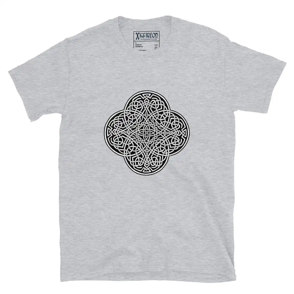 A sport grey Xigfireon graphic t-shirt featuring the Black & White Solid iteration of the Reach Of The Spirit Celtic knot design. The Reach Of The Spirit Celtic knot represents Mother Earth.