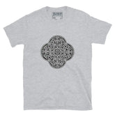 A sport grey Xigfireon graphic t-shirt featuring the Black & White Solid iteration of the Reach Of The Spirit Celtic knot design. The Reach Of The Spirit Celtic knot represents Mother Earth.
