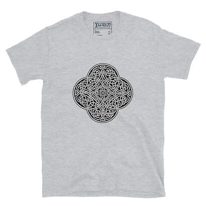 A sport grey Xigfireon graphic t-shirt featuring the Black &amp; White Solid iteration of the Reach Of The Spirit Celtic knot design. The Reach Of The Spirit Celtic knot represents Mother Earth.